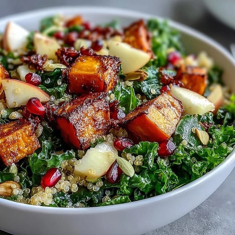 Serving suggestion for Kale Harvest Grain Bowl with massaged kale, fluffy quinoa, and tangy dressing.
