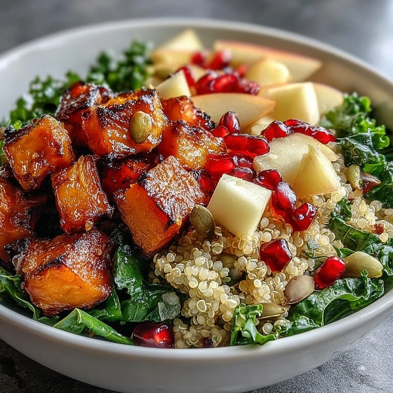 Overhead view of Kale Harvest Grain Bowl featuring quinoa, roasted sweet potatoes, fresh apple, and pomegranate.