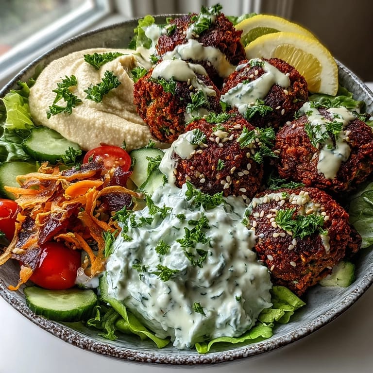 Vibrant falafel bowl features a generous drizzle of rich tahini sauce over fresh salad greens, cherry tomatoes, cucumber, and red onion. 