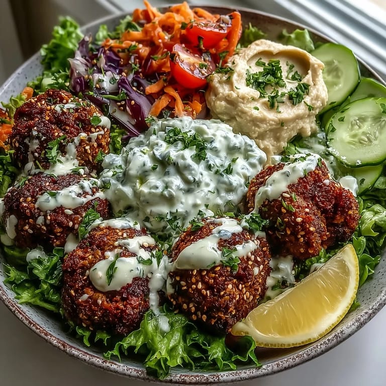 A serving of falafel bowl with golden falafel atop hummus, tangy tzatziki, and garnishes like parsley and toasted sesame seeds.