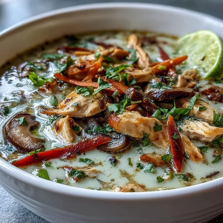 Creamy Thai Coconut Curry Soup Bowl with colorful vegetables and sliced chicken, ready to enjoy for dinner.