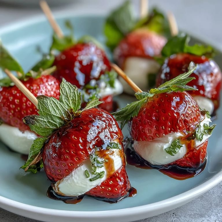 Vibrant strawberry caprese skewers with mozzarella and basil, finished with a glossy balsamic glaze, perfect for summer appetizers.