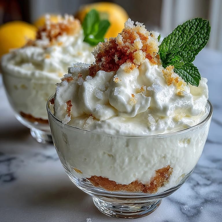 Elegant lemon mousse dessert with shortbread crumble base, served in clear glasses with fresh berries on top.
