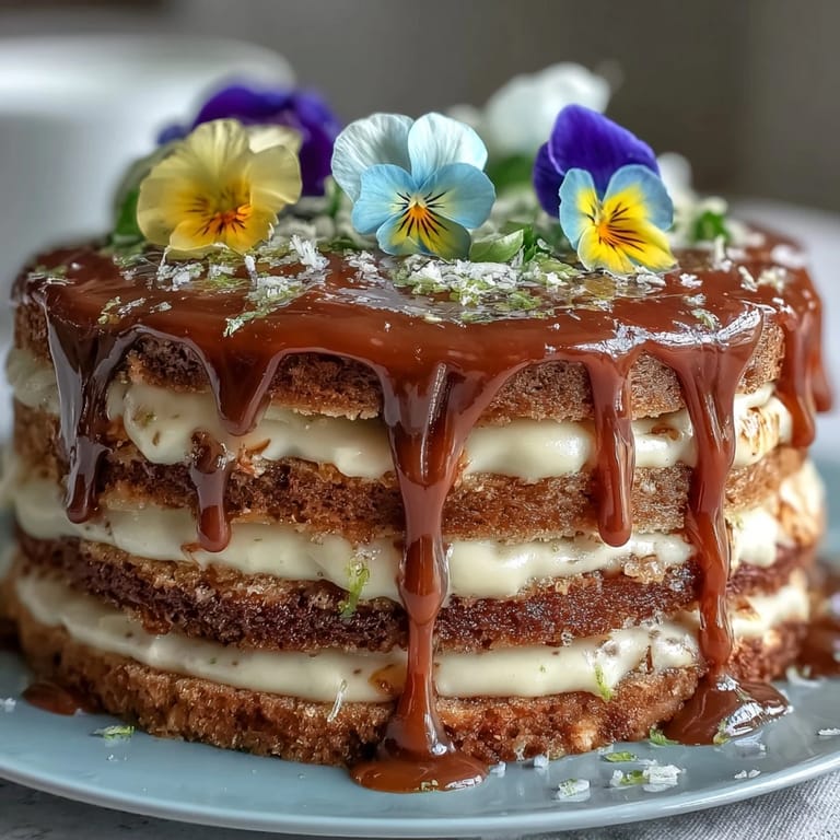 Elegant layer cake featuring zesty lemon frosting, soft vanilla sponge, and a pastel white chocolate drip for spring celebrations.  