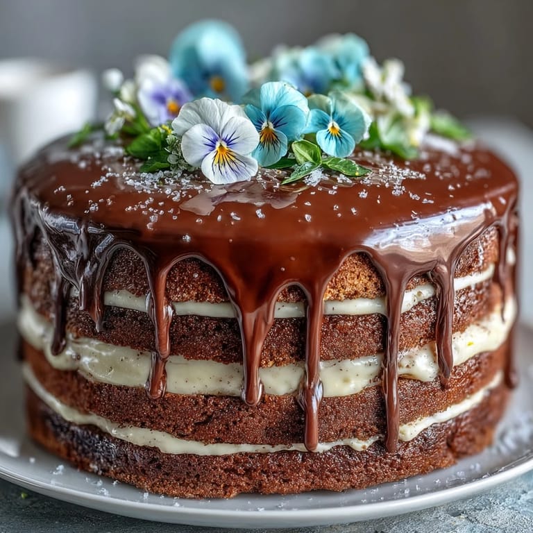 Stunning Spring Floral Drip Cake with Lemon Frosting, topped with fresh edible flowers and a smooth, glossy white chocolate finish.