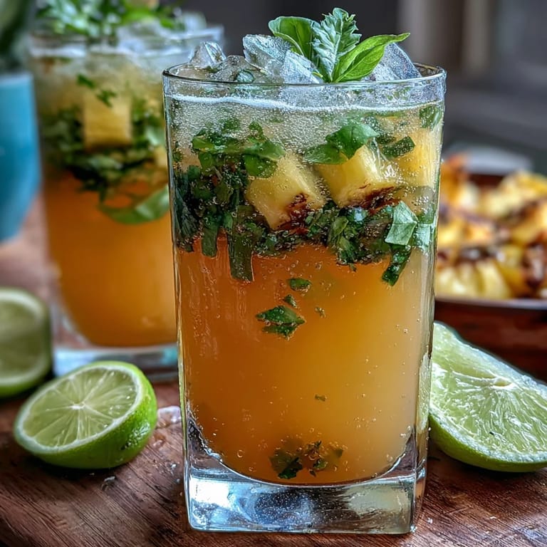 Vibrant pineapple basil agua fresca garnished with basil sprigs and lime slices, perfect for a hot summer day.