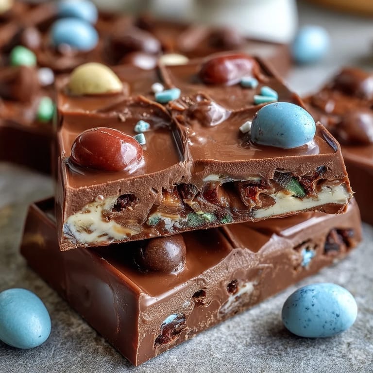 Crunchy mini Cadbury eggs and pastel swirls on creamy white chocolate bark, perfect for springtime celebrations.