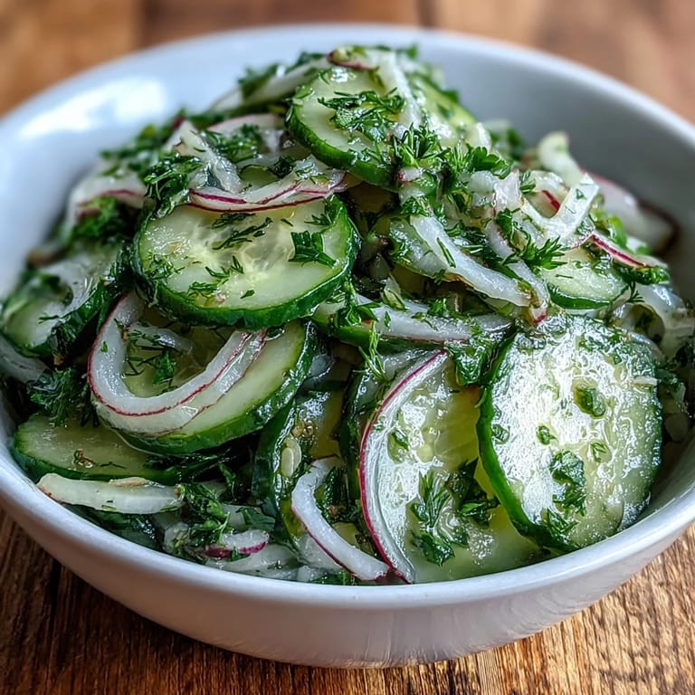 Cool cucumber and peppery radish slices tossed in a tangy dill vinaigrette, perfect for a refreshing vegetarian side dish.