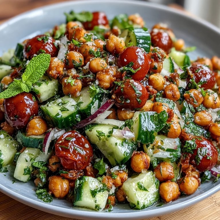 Colorful cucumber and chickpea salad tossed in bright lemon vinaigrette, perfect for a light Mediterranean lunch.