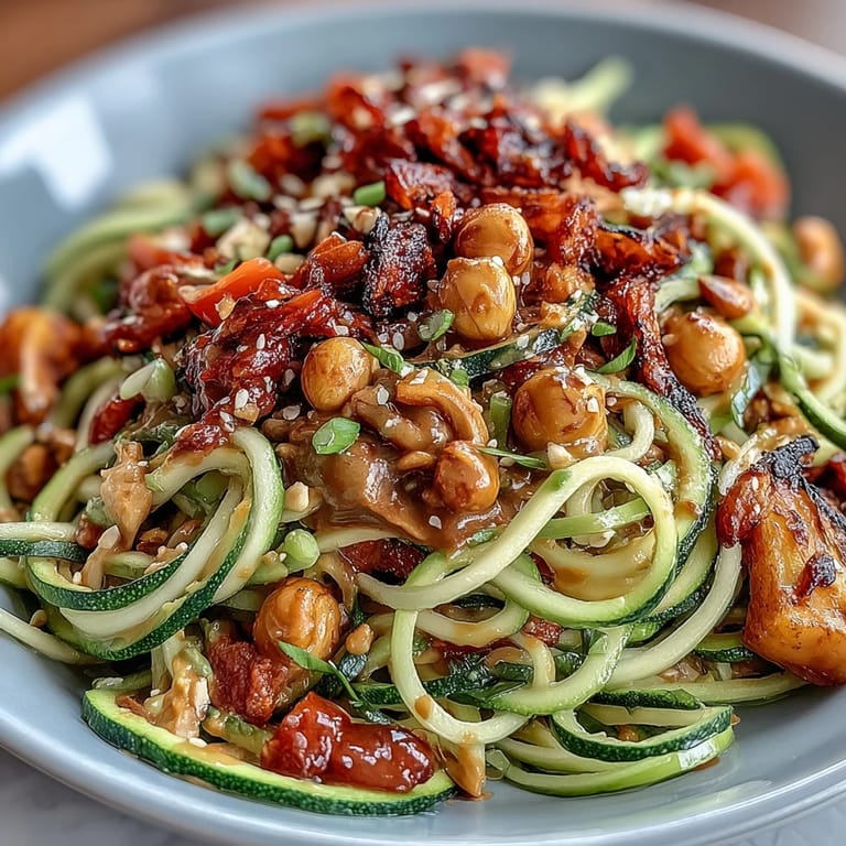 A colorful bowl of Healthy Easy Zucchini Noodle Stir-Fry with Peanut Sauce, spiralized zucchini and crisp vegetables coated in rich, tangy peanut dressing.