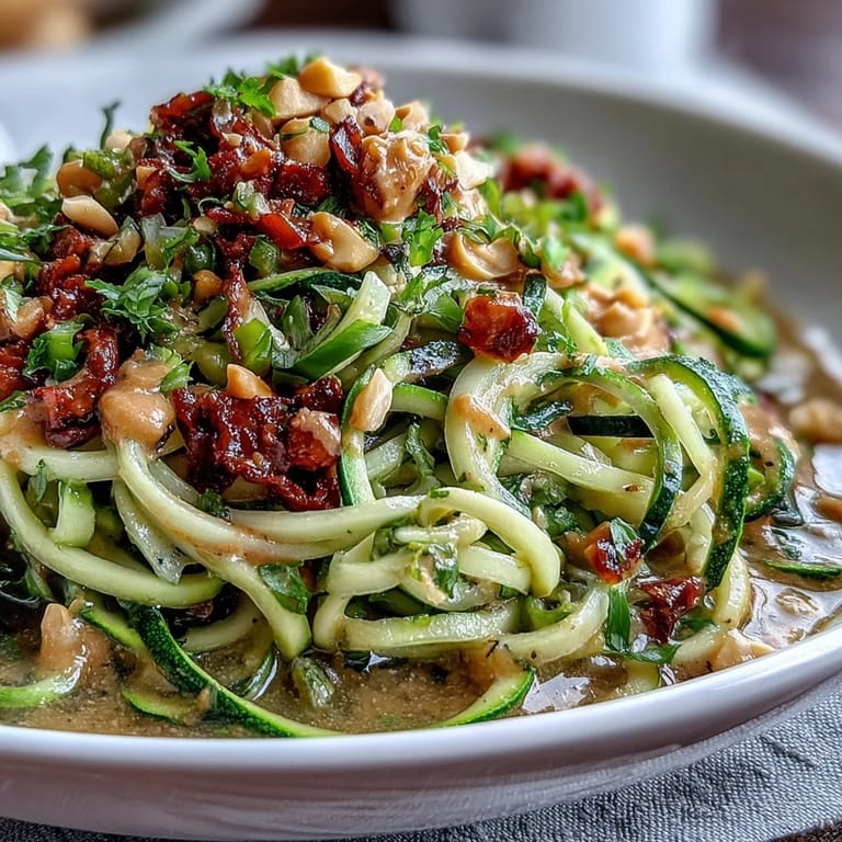 Healthy Easy Zucchini Noodle Stir-Fry with Peanut Sauce in a white bowl, featuring bright bell peppers, carrots, and zucchini noodles drizzled with creamy peanut sauce.