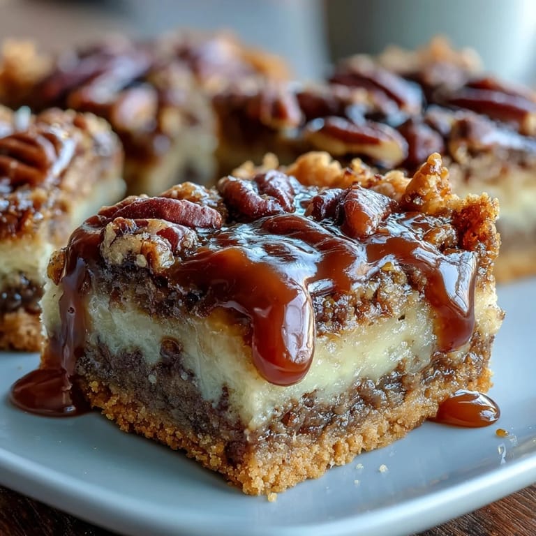Golden pecan pie bars with bourbon glaze drizzled on top, served on a white plate with a fork.