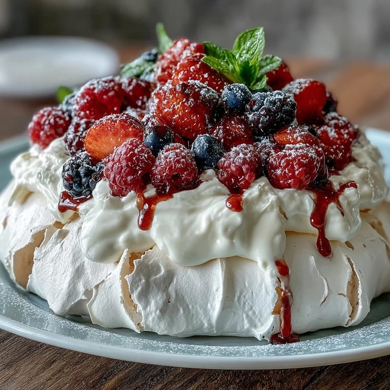 Mother's Day dessert pavlova: golden-brown meringue nest filled with fluffy whipped cream and vibrant, juicy mixed berries.