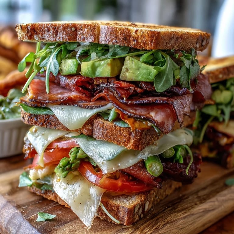 Vibrant deli sandwich board featuring sliced meats, cheeses, and colorful vegetables, perfect for build-your-own sandwiches.