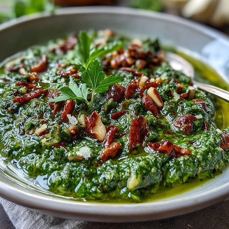 Fresh dandelion greens blended with garlic and pine nuts for a vibrant, slightly bitter pesto