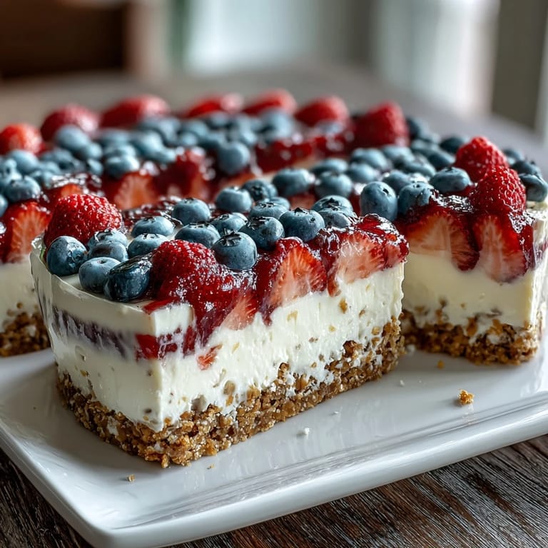 Vibrant American flag dessert featuring smooth cream cheese filling, juicy strawberries, and blueberries arranged in patriotic stripes.