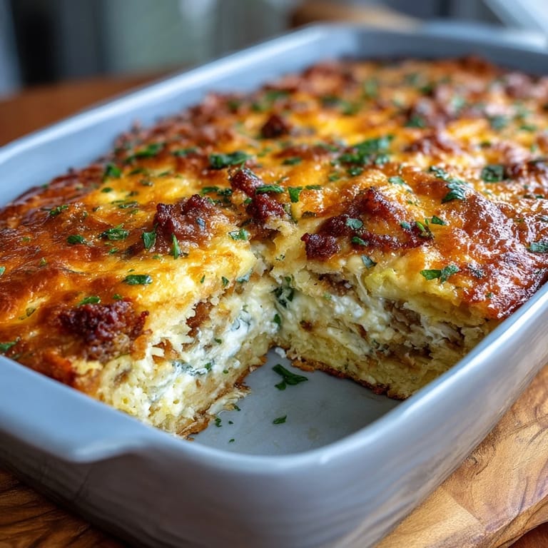 A hearty slice of Amish breakfast casserole with crispy hash browns, fluffy eggs, and savory sausage on a plate.