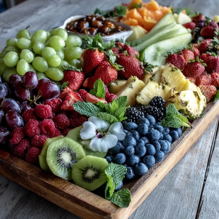 Colorful fruit and edible flower display offers a delicious, eye-catching treat for grad party guests.