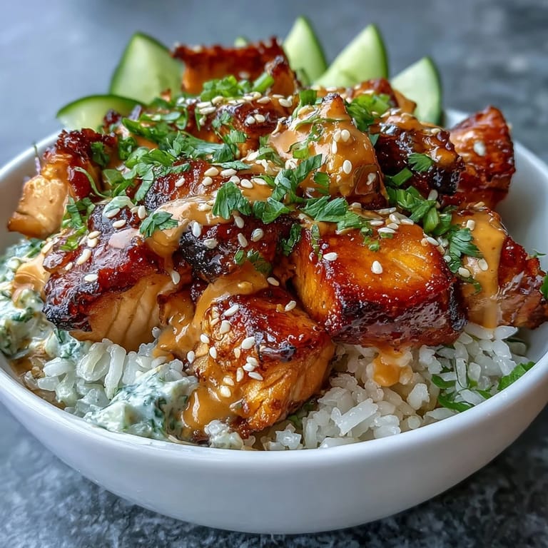 Fluffy rice bowl topped with tender salmon and creamy, zesty spicy mayo.