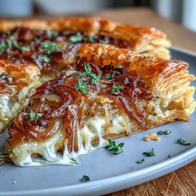 Flaky puff pastry covered in sweet, deeply caramelized onions, a delicious French Onion Tart experience.