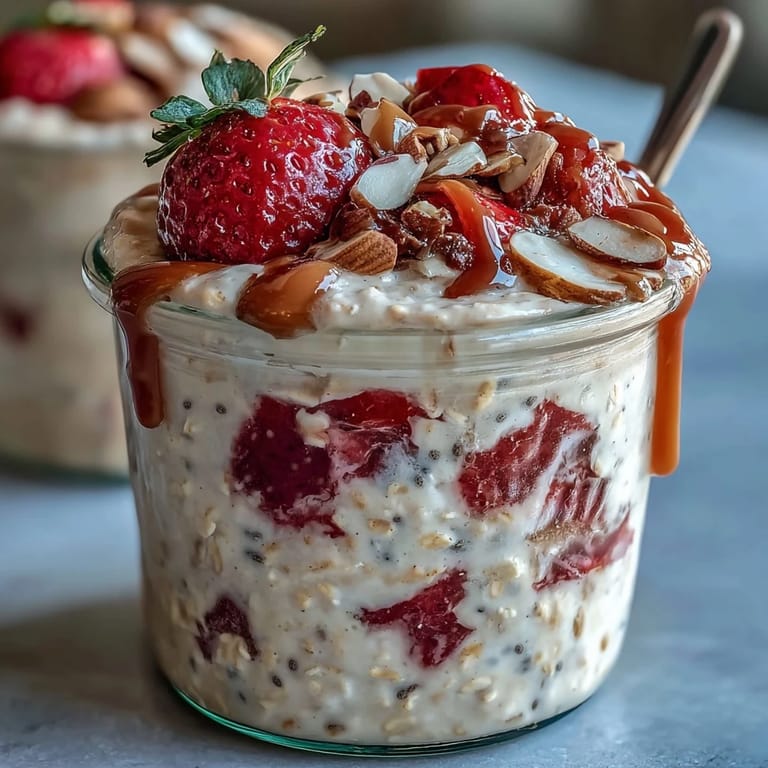 Vivid image of strawberry vanilla overnight oats in a jar, perfect for grab-and-go.