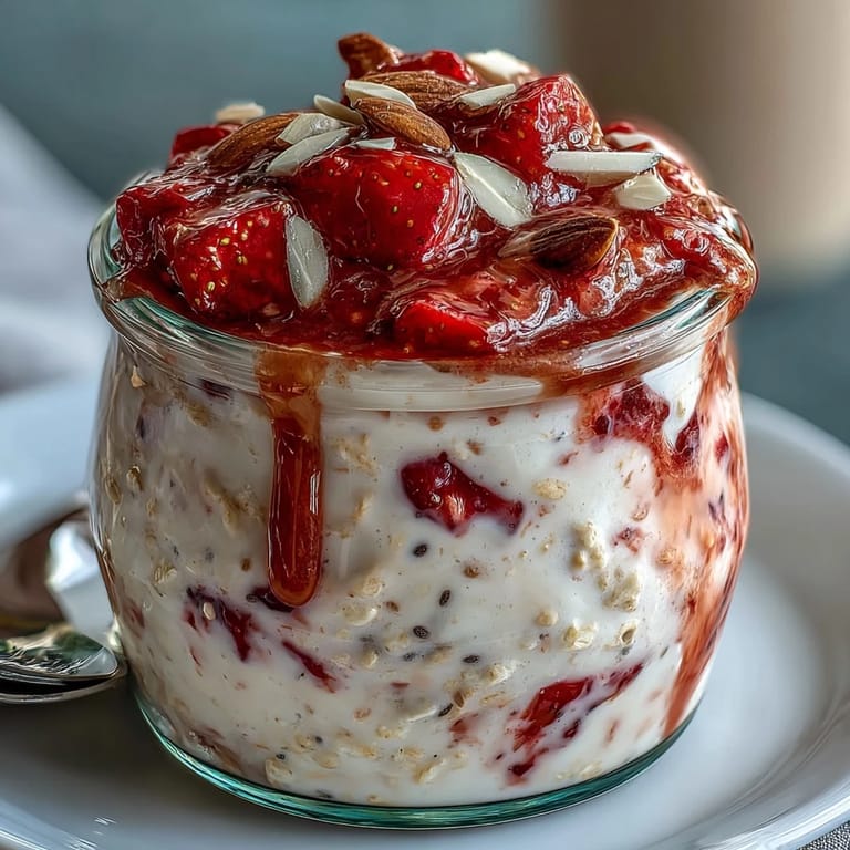 Luscious strawberry vanilla overnight oats adorned with nuts and fruit, ready to eat.