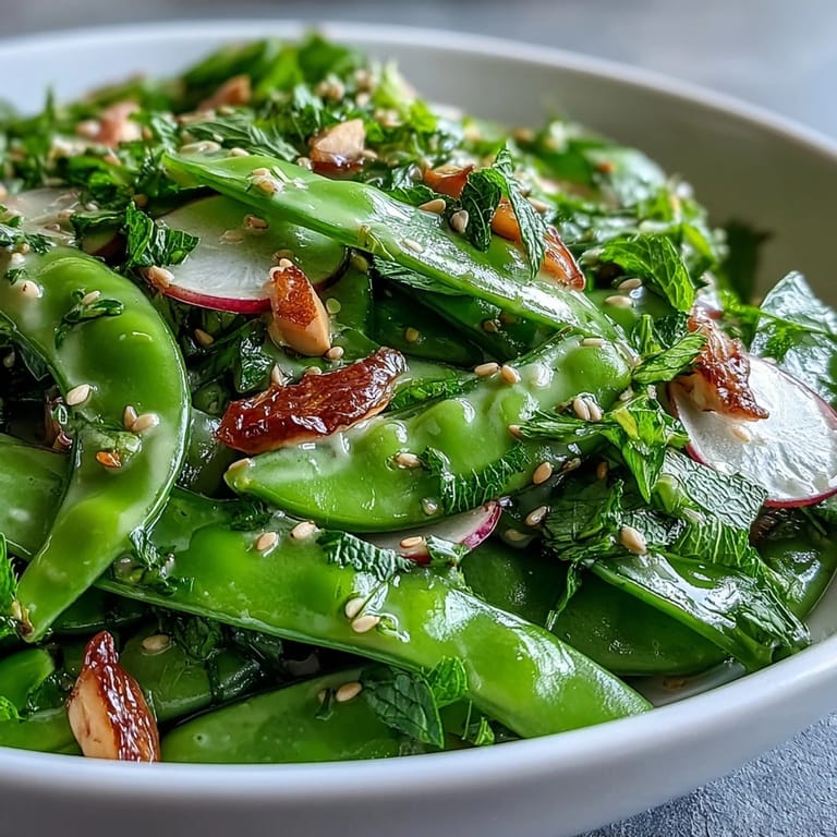 A healthy snap pea and radish spring salad topped with crunchy toasted sesame seeds.