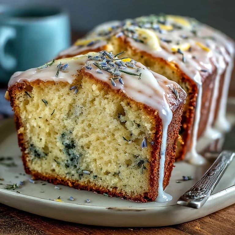 Golden-brown Lemon Lavender Loaf Cake ready to slice, bursting with citrus.