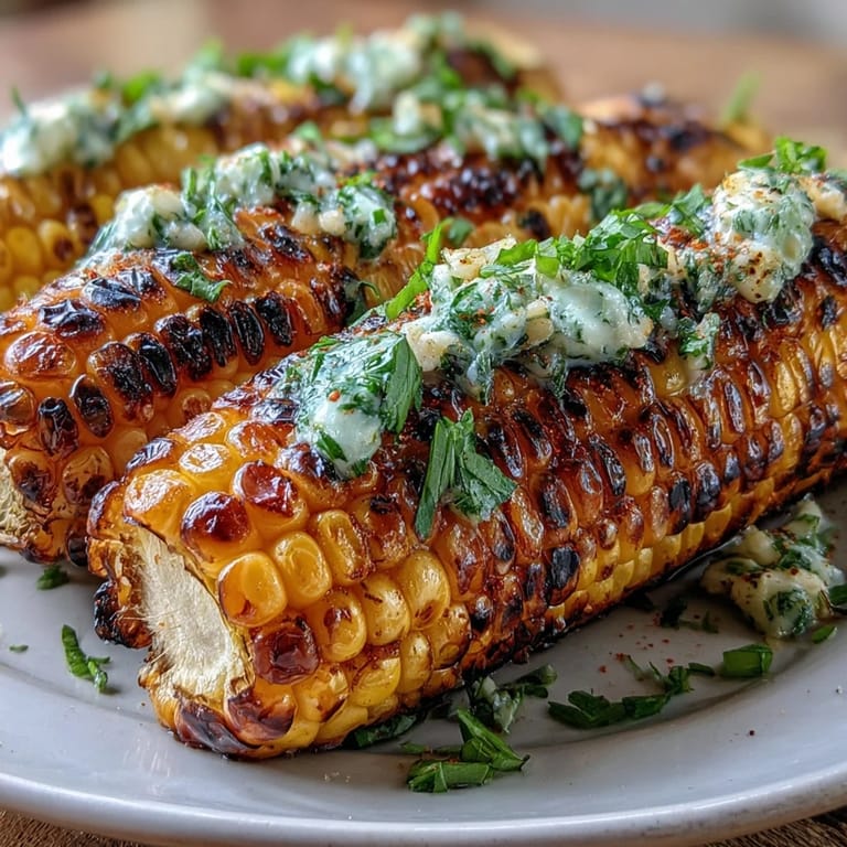 Enjoy sweet, grilled corn ears generously topped with savory seasoned butters.
