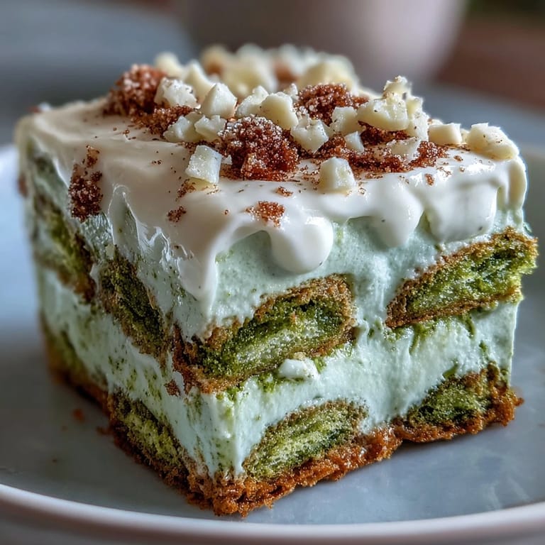 Luscious matcha tiramisu showing delicate ladyfingers and rich mascarpone cream.