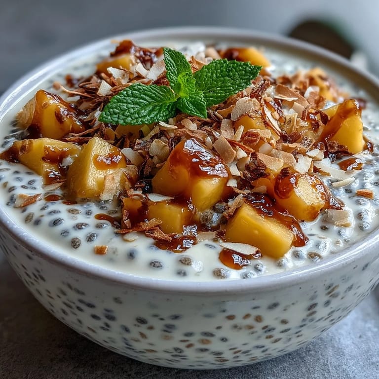 Tropical mango chia pudding layered with coconut milk, ready to enjoy.
