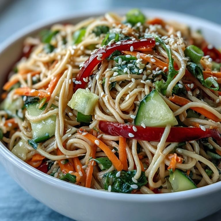 Visually appealing bowl of Cold Soba Noodle Salad with Sesame Ginger, ready to be served chilled.