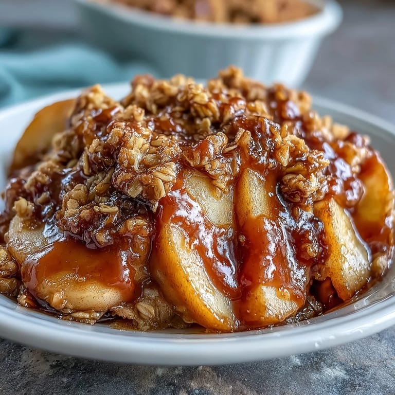 Decadent whiskey caramel apple crisp, a sweet, comforting dessert topped with crunchy crumble.