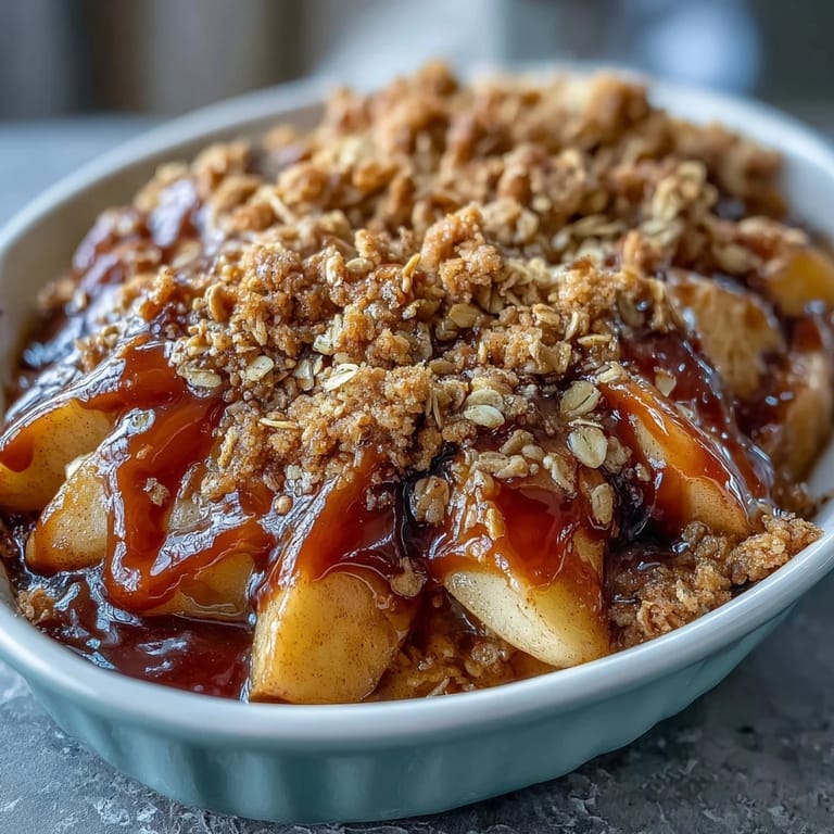 Close-up of Father's Day Whiskey Caramel Apple Crisp, glistening with warm caramel sauce.