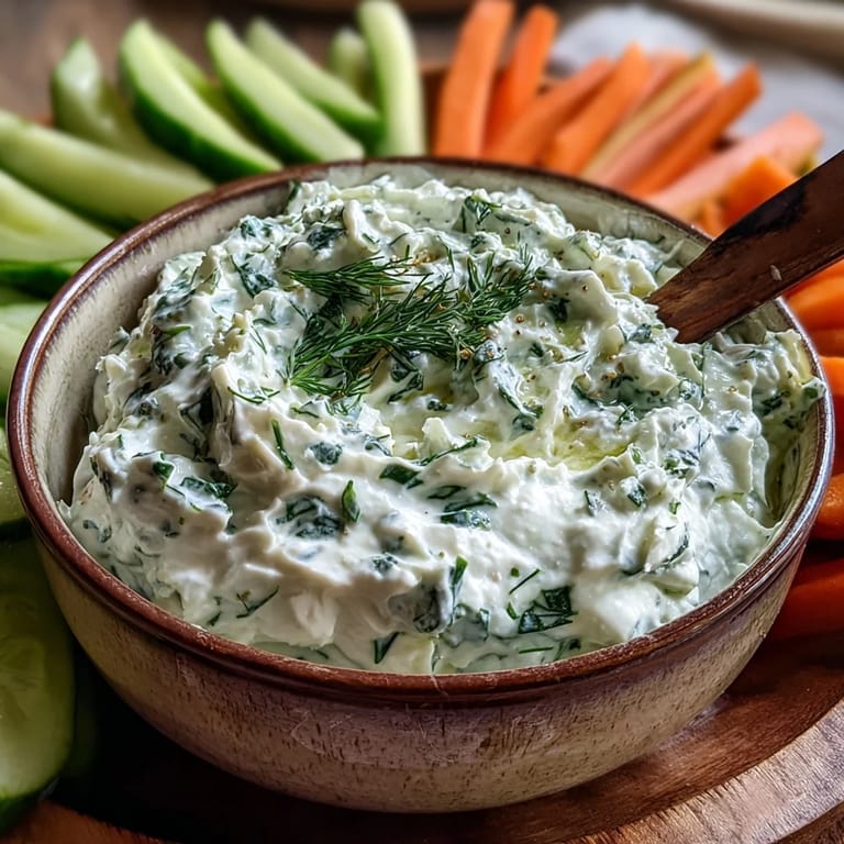 Freshly made Skyr Tzatziki dip, topped with dill and serving suggestions.