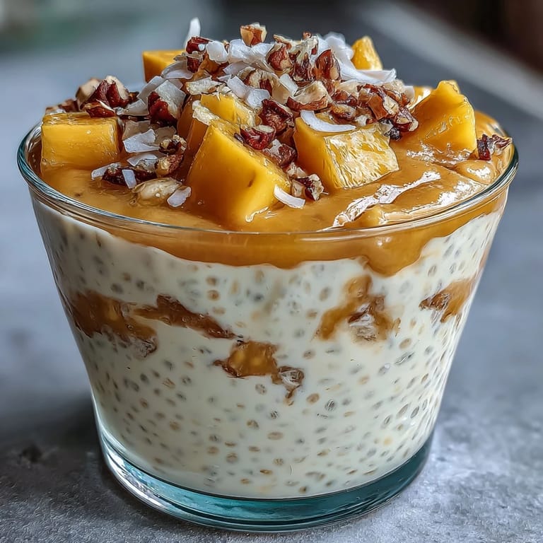 Decadent Skyr Protein Chia Pudding layered with sweet mango puree and textures.
