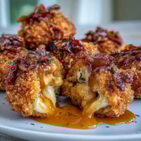 Golden-brown Buffalo Chicken Bacon Mozzarella Bombs sizzling hot from the fryer, with a side of creamy ranch dip.