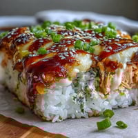 Freshly baked Spicy Salmon Sushi Bake with a golden, bubbly cheese topping in a ceramic dish.