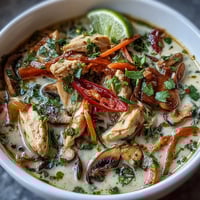 Steaming Thai Coconut Curry Soup Bowl with tender chicken, mushrooms, and vibrant carrots in a rich coconut broth.