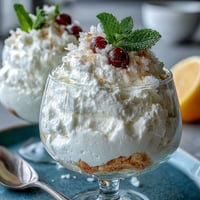Lemon mousse cups with shortbread crumble in glass cups, topped with fresh berries and mint.