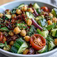 Healthy Easy Cucumber Chickpea Salad with Lemon Vinaigrette in a white bowl, garnished with fresh herbs and lemon wedges.