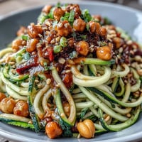 Healthy Easy Zucchini Noodle Stir-Fry with Peanut Sauce served in a bowl, vibrant vegetables tossed in creamy peanut sauce, garnished with chopped peanuts and cilantro.