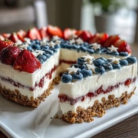 Festive no-bake cheesecake flag cake with creamy filling, fresh berries, and a graham cracker crust—perfect for Fourth of July celebrations.