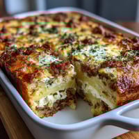 A golden Amish breakfast casserole with hash browns, sausage, and melted cheese in a glass baking dish.