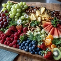 A vibrant fruit table with edible flowers, perfect for graduation celebrations and summer parties.