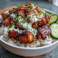 Glistening spicy mayo salmon rice bowl with cucumber and sesame seeds.