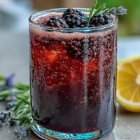 Vibrant Blackberry Lavender Lemonade Fizz with fresh berries and frothy top.
