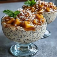 Creamy mango chia pudding topped with fresh, ripe mango and coconut flakes.