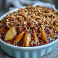Warm Father's Day Whiskey Caramel Apple Crisp with golden oat topping and bubbling caramel.