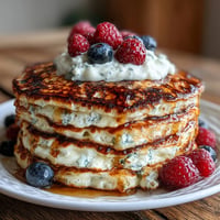 Fluffy Icelandic skyr pancakes piled high, drizzled with syrup.